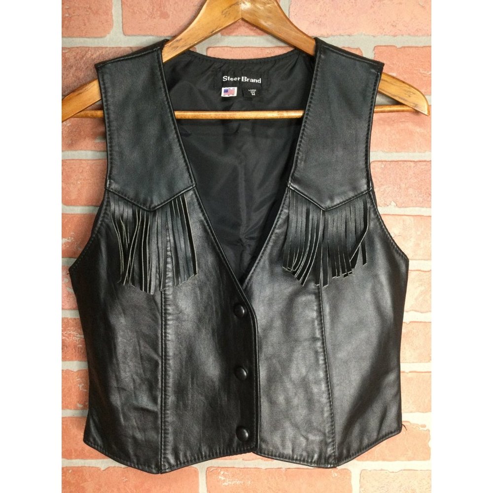 Vintage Womens Fringed Leather Vest Snap Front Black (Size Small) biker made USA